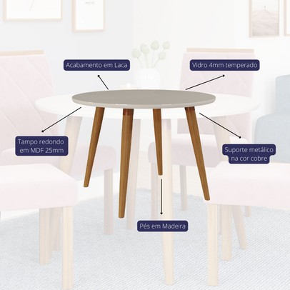 Mesa de Jantar 4 Lugares Dani Juliana com Vidro Madeira/Off White/Nude - Cimol