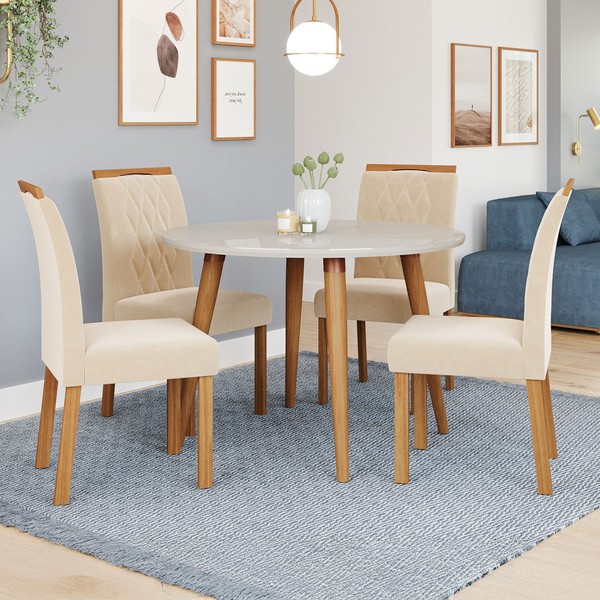 Mesa de Jantar 4 Lugares Dani Juliana com Vidro Madeira/Off White/Nude - Cimol