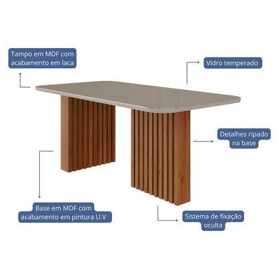 Mesa de Jantar 6 Lugares Ester Fernanda com Vidro Ripado Cinamomo/Off White/Joli - Cimol