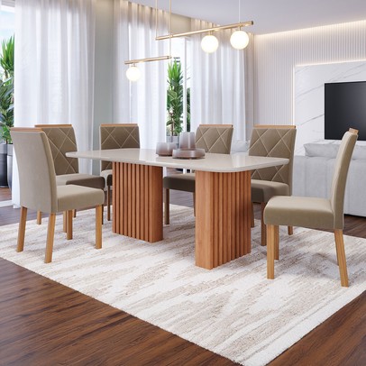 Mesa de Jantar 6 Lugares Ester Fernanda com Vidro Ripado Cinamomo/Off White/Joli - Cimol