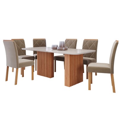 Mesa de Jantar 6 Lugares Ester Fernanda com Vidro Ripado Cinamomo/Off White/Joli - Cimol