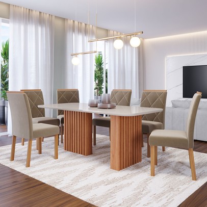 Mesa de Jantar 6 Lugares Ester Fernanda com Vidro Ripado Cinamomo/Off White/Joli - Cimol