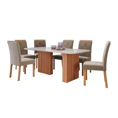 Mesa de Jantar 6 Lugares Ester Fernanda com Vidro Ripado Cinamomo/Off White/Joli - Cimol