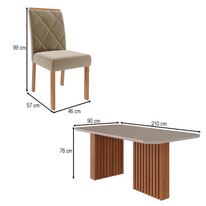 Mesa de Jantar 6 Lugares Ester Fernanda com Vidro Ripado Cinamomo/Off White/Joli - Cimol