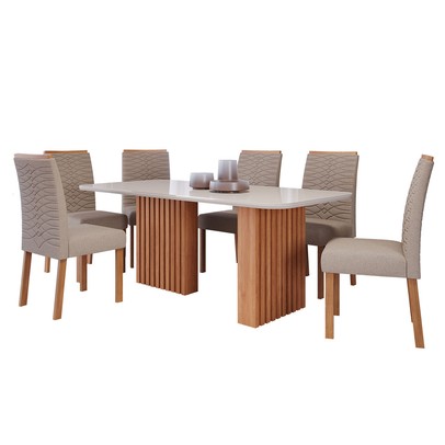 Mesa de Jantar 6 Lugares Ester Clarice com Vidro Ripado Cinamomo/Off White/Bege - Cimol