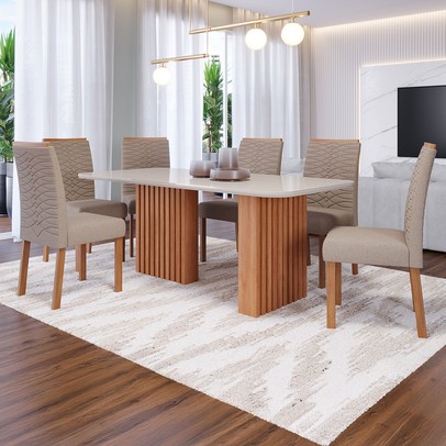 Mesa de Jantar 6 Lugares Ester Clarice com Vidro Ripado Cinamomo/Off White/Bege - Cimol