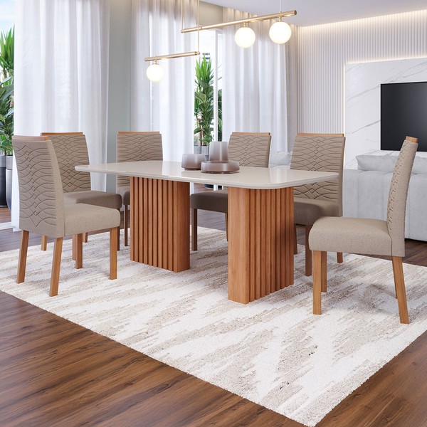 Mesa de Jantar 6 Lugares Ester Clarice com Vidro Ripado Cinamomo/Off White/Bege - Cimol