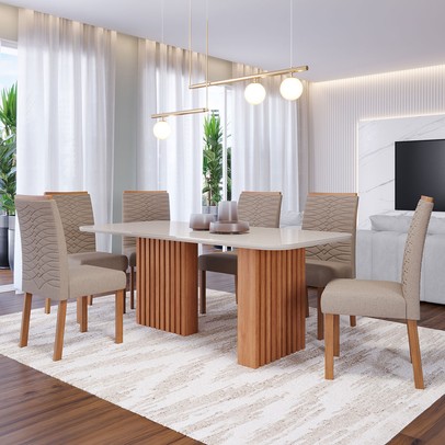 Mesa de Jantar 6 Lugares Ester Clarice com Vidro Ripado Cinamomo/Off White/Bege - Cimol