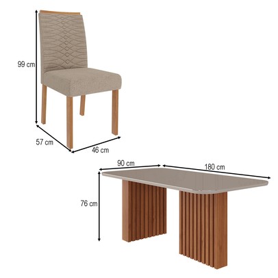 Mesa de Jantar 6 Lugares Ester Clarice com Vidro Ripado Cinamomo/Off White/Bege - Cimol