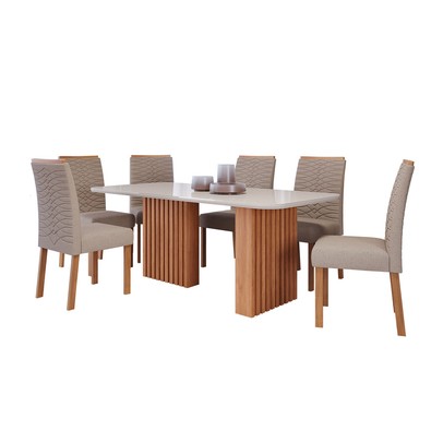 Mesa de Jantar 6 Lugares Ester Clarice com Vidro Ripado Cinamomo/Off White/Bege - Cimol