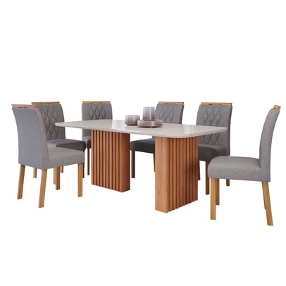 Mesa de Jantar 6 Lugares Ester Juliana com Vidro Ripado Cinamomo/Off White/Grafite - Cimol