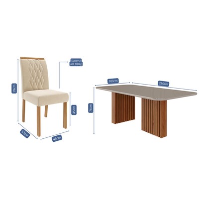 Mesa de Jantar 8 Lugares Ester Juliana com Vidro Ripado Cinamomo/Off White/Nude - Cimol