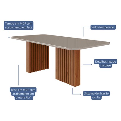 Mesa de Jantar 8 Lugares Ester Juliana com Vidro Ripado Cinamomo/Off White/Nude - Cimol