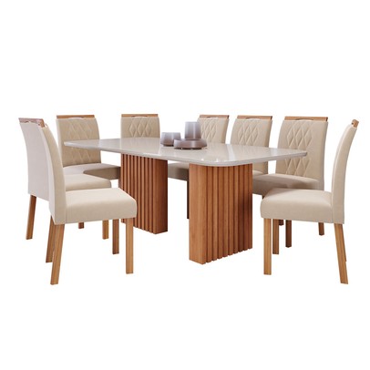 Mesa de Jantar 8 Lugares Ester Juliana com Vidro Ripado Cinamomo/Off White/Nude - Cimol