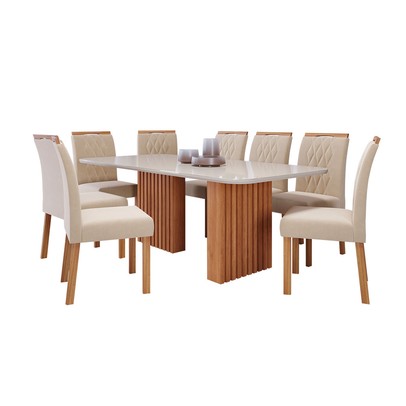 Mesa de Jantar 8 Lugares Ester Juliana com Vidro Ripado Cinamomo/Off White/Nude - Cimol