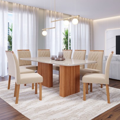 Mesa de Jantar 8 Lugares Ester Juliana com Vidro Ripado Cinamomo/Off White/Nude - Cimol