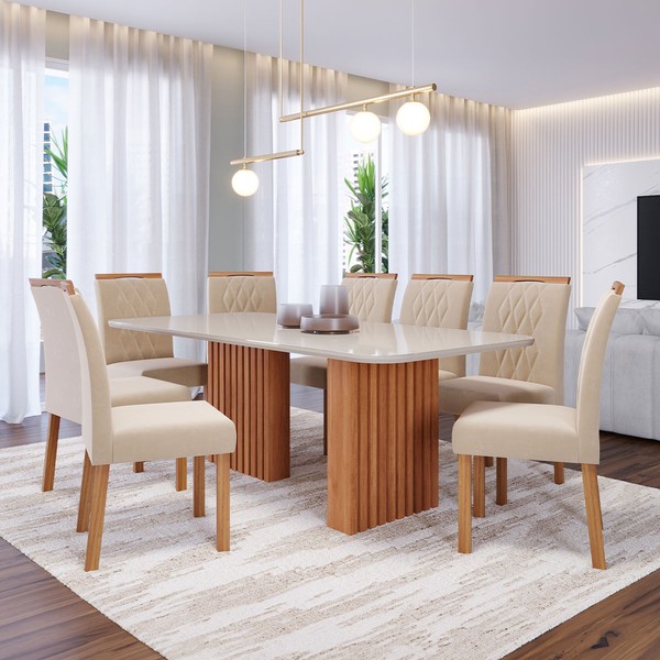 Mesa de Jantar 8 Lugares Ester Juliana com Vidro Ripado Cinamomo/Off White/Nude - Cimol