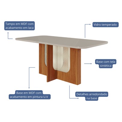 Mesa de Jantar 6 Lugares Louise Clarice com Vidro Cinamomo/Off White/Nude - Cimol