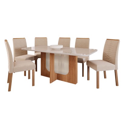 Mesa de Jantar 6 Lugares Louise Clarice com Vidro Cinamomo/Off White/Nude - Cimol