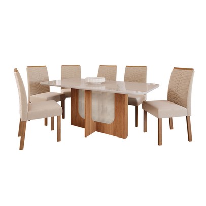Mesa de Jantar 6 Lugares Louise Clarice com Vidro Cinamomo/Off White/Nude - Cimol