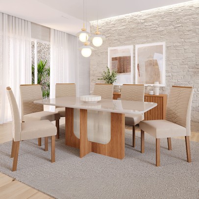 Mesa de Jantar 6 Lugares Louise Clarice com Vidro Cinamomo/Off White/Nude - Cimol