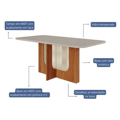 Mesa de Jantar 6 Lugares Louise Clarice com Vidro Cinamomo/Off White/Nude - Cimol