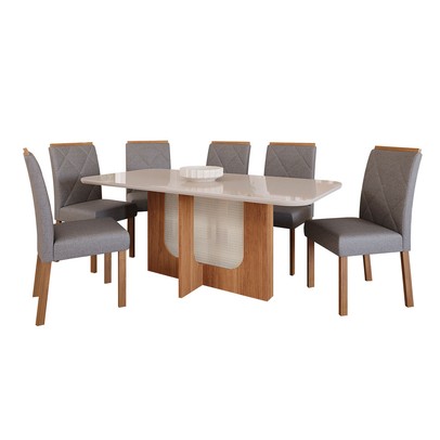 Mesa de Jantar 6 Lugares Louise Fernanda com Vidro Cinamomo/Off White/Grafite - Cimol