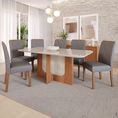 Mesa de Jantar 6 Lugares Louise Fernanda com Vidro Cinamomo/Off White/Grafite - Cimol