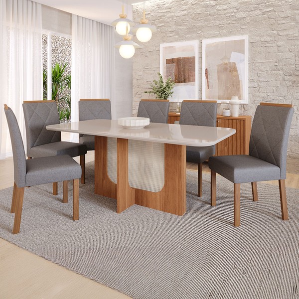 Mesa de Jantar 6 Lugares Louise Fernanda com Vidro Cinamomo/Off White/Grafite - Cimol