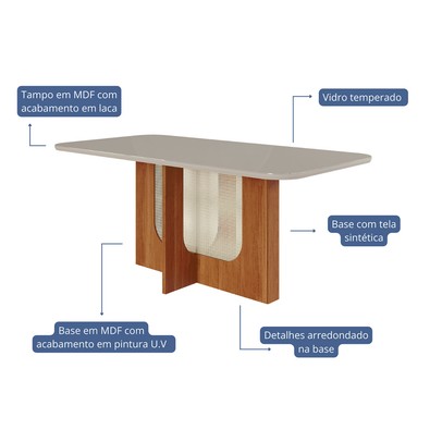 Mesa de Jantar 6 Lugares Louise Fernanda com Vidro Cinamomo/Off White/Grafite - Cimol