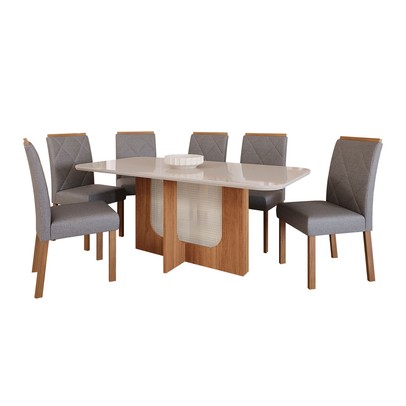 Mesa de Jantar 6 Lugares Louise Fernanda com Vidro Cinamomo/Off White/Grafite - Cimol