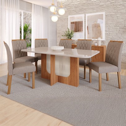 Mesa de Jantar 6 Lugares Louise Juliana com Vidro Cinamomo/Off White/Bege - Cimol