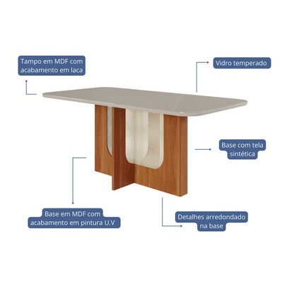 Mesa de Jantar 6 Lugares Louise Juliana com Vidro Cinamomo/Off White/Bege - Cimol