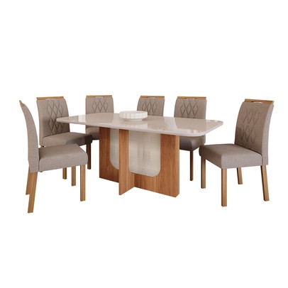 Mesa de Jantar 6 Lugares Louise Juliana com Vidro Cinamomo/Off White/Bege - Cimol