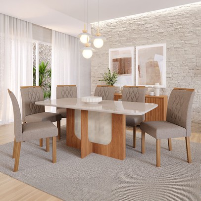 Mesa de Jantar 6 Lugares Louise Juliana com Vidro Cinamomo/Off White/Bege - Cimol