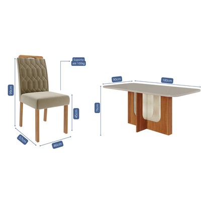 Mesa de Jantar 6 Lugares Louise Paola com Vidro Cinamomo/Off White/Joli - Cimol