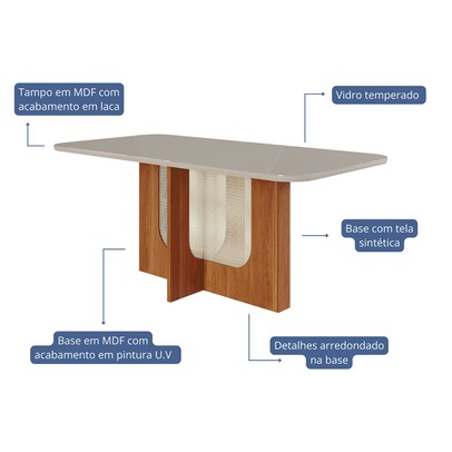 Mesa de Jantar 6 Lugares Louise Paola com Vidro Cinamomo/Off White/Joli - Cimol