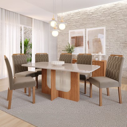 Mesa de Jantar 6 Lugares Louise Paola com Vidro Cinamomo/Off White/Joli - Cimol