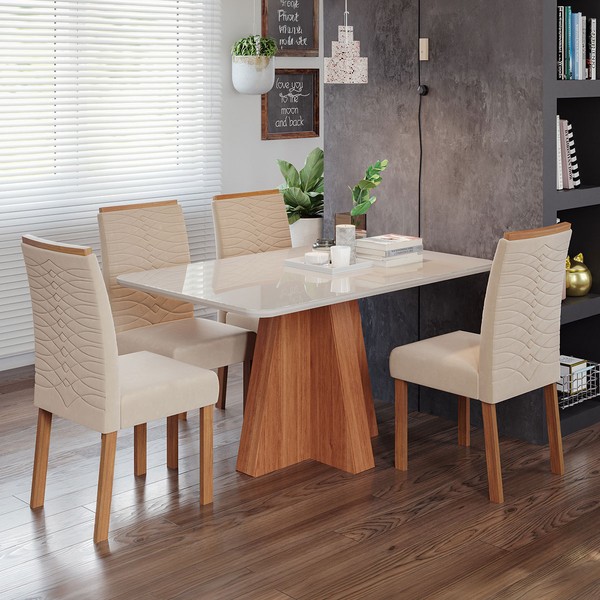 Mesa de Jantar 4 Lugares Maitê Clarice com Vidro Cinamomo/Off White/Nude - Cimol