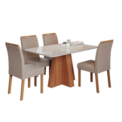 Mesa de Jantar 4 Lugares Maitê Juliana com Vidro Cinamomo/Off White/Bege - Cimol