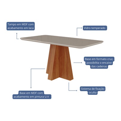 Mesa de Jantar 6 Lugares Maitê Clarice com Vidro Cinamomo/Off White/Grafite - Cimol