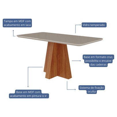 Mesa de Jantar 6 Lugares Maitê Fernanda com Vidro Cinamomo/Off White/Nude - Cimol