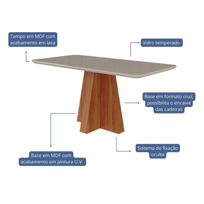Mesa de Jantar 6 Lugares Maitê Fernanda com Vidro Cinamomo/Off White/Nude - Cimol