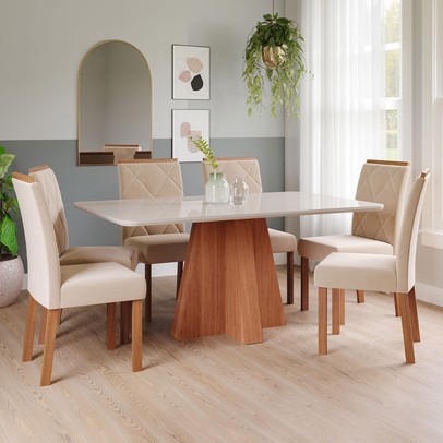 Mesa de Jantar 6 Lugares Maitê Fernanda com Vidro Cinamomo/Off White/Nude - Cimol