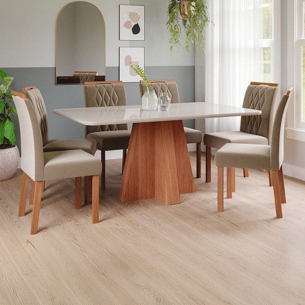 Mesa de Jantar 6 Lugares Maitê Juliana com Vidro Cinamomo/Off White/Joli - Cimol