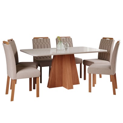 Mesa de Jantar 6 Lugares Maitê Paola com Vidro Cinamomo/Off White/Bege - Cimol