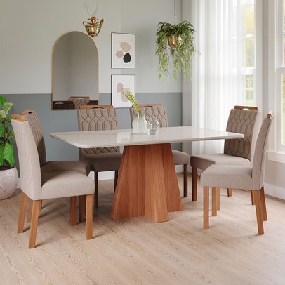 Mesa de Jantar 6 Lugares Maitê Paola com Vidro Cinamomo/Off White/Bege - Cimol