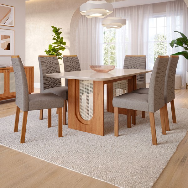 Mesa de Jantar 6 Lugares Valentina Clarice com Vidro Cinamomo/Off White/Grafite - Cimol