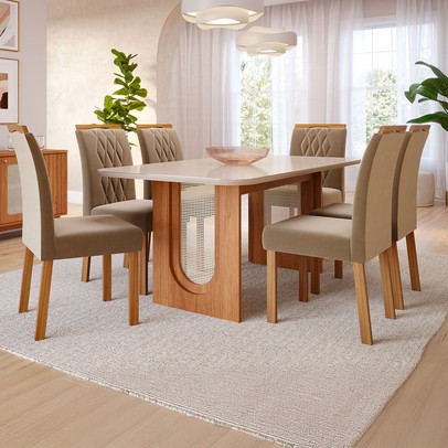 Mesa de Jantar 6 Lugares Valentina Juliana com Vidro Cinamomo/Off White/Joli - Cimol