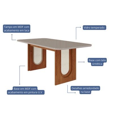 Mesa de Jantar 6 Lugares Valentina Paola com Vidro 180 Cm Cinamomo/Off White/Bege - Cimol